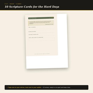 May include: A set of 10 scripture cards for the hard days, featuring a daily reflection sheet with a green header, a scripture quote from Lamentations 3:22-23, and prompts for gratitude, small wins, and prayer, printed on a cream-colored card.