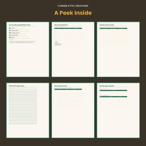 May include: A digital planner set titled Corner Attic Creations A Peek Inside, featuring six white pages with dark green text and grid lines. The pages include a Debt Snowball Method guide, Debt List, Monthly Payment Tracker, Debt Payoff Progress Chart, Extra Payment Tracker, and a Monthly Budget Snapshot.