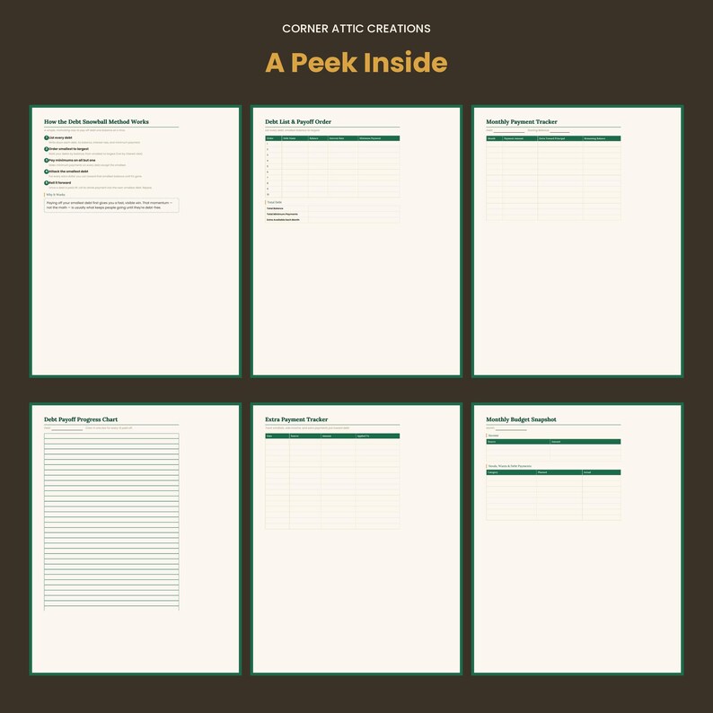 May include: A digital planner set titled Corner Attic Creations A Peek Inside, featuring six white pages with dark green text and grid lines. The pages include a Debt Snowball Method guide, Debt List, Monthly Payment Tracker, Debt Payoff Progress Chart, Extra Payment Tracker, and a Monthly Budget Snapshot.