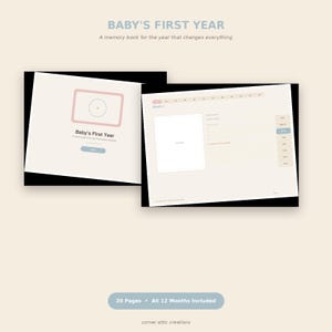 May include: A memory book titled Baby's First Year with a cream-colored cover featuring a pink rectangular frame and a blue button. The interior pages include a photo space, lines for notes, and tabs for each month from one to twelve.