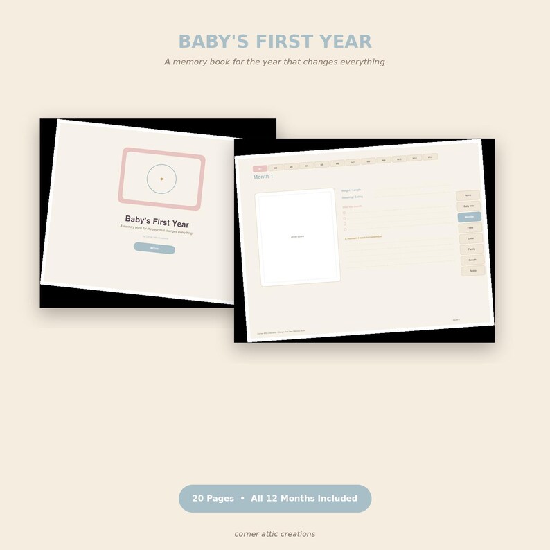 May include: A memory book titled Baby's First Year with a cream-colored cover featuring a pink rectangular frame and a blue button. The interior pages include a photo space, lines for notes, and tabs for each month from one to twelve.