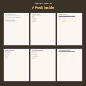 May include: Six white pages with dark text titled Corner Attic Creations A Peek Inside, featuring a cleaning system with checklists for daily, weekly, monthly, and seasonal tasks, plus a room-by-room cleaning checklist with tables and bullet points.
