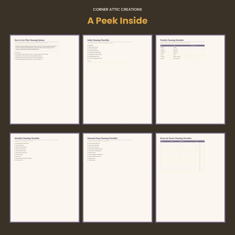 May include: Six white pages with dark text titled Corner Attic Creations A Peek Inside, featuring a cleaning system with checklists for daily, weekly, monthly, and seasonal tasks, plus a room-by-room cleaning checklist with tables and bullet points.