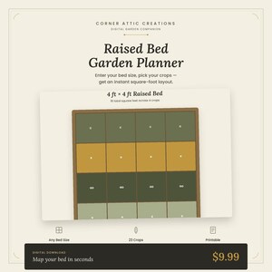 Peut inclure: Un planificateur de jardin num&eacute;rique intitul&eacute; Corner Attic Creations pr&eacute;sentant une disposition de lit sur&eacute;lev&eacute; de 4 pi x 4 pi avec seize sections d'un pied carr&eacute;. Le graphique affiche des rang&eacute;es de carr&eacute;s color&eacute;s repr&eacute;sentant des cultures.