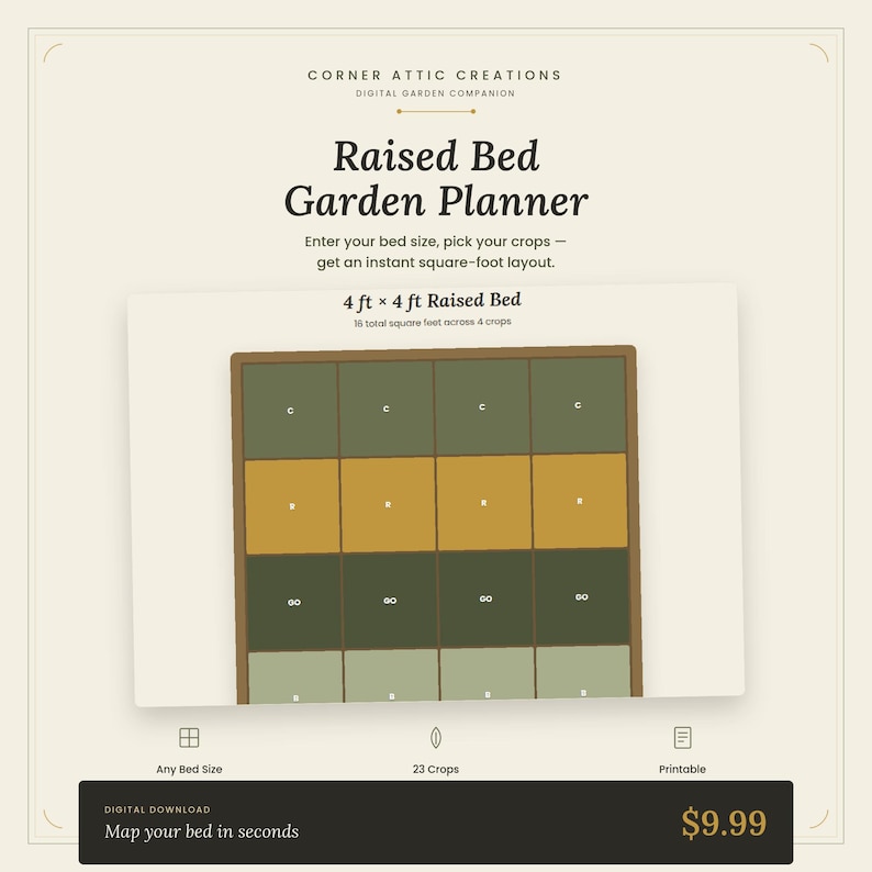 Peut inclure: Un planificateur de jardin num&eacute;rique intitul&eacute; Corner Attic Creations pr&eacute;sentant une disposition de lit sur&eacute;lev&eacute; de 4 pi x 4 pi avec seize sections d'un pied carr&eacute;. Le graphique affiche des rang&eacute;es de carr&eacute;s color&eacute;s repr&eacute;sentant des cultures.