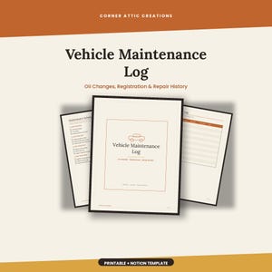 Op de afbeelding: Een voertuigonderhoudslogboek met een centrale voorpagina met een auto-icoon en de tekst Vehicle Maintenance Log, geflankeerd door twee binnenpagina's met een onderhoudsschema en een tabel voor het bijhouden van reparaties.