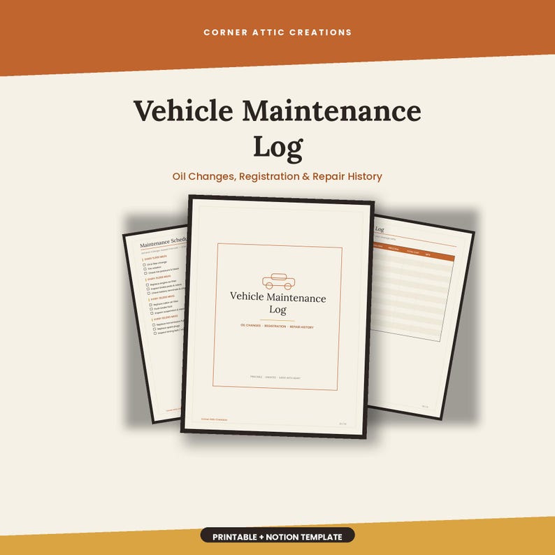 Op de afbeelding: Een voertuigonderhoudslogboek met een centrale voorpagina met een auto-icoon en de tekst Vehicle Maintenance Log, geflankeerd door twee binnenpagina's met een onderhoudsschema en een tabel voor het bijhouden van reparaties.