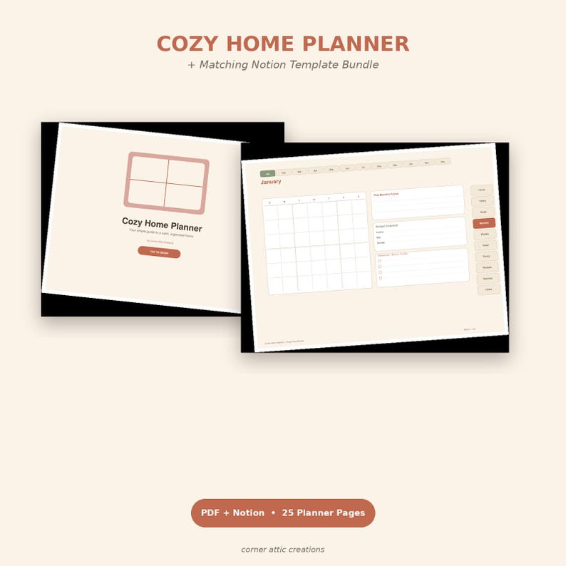 Puede incluir: Un planificador de hogar digital y paquete de plantillas Notion con una interfaz de color crema y detalles en marr&oacute;n. La pantalla muestra una p&aacute;gina de t&iacute;tulo con un icono de cuadr&iacute;cula y un calendario mensual con pesta&ntilde;as de navegaci&oacute;n.