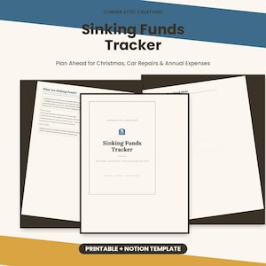 K&ouml;nnte beinhalten: Ein druckbarer Sinking Funds Tracker und Notion-Template von Corner Attic Creations. Das Dokument enth&auml;lt eine Titelseite mit einem blauen Geb&auml;ude-Symbol, erkl&auml;renden Text zu R&uuml;cklagen und einen Bereich f&uuml;r Ideen zur Ausgabenplanung.