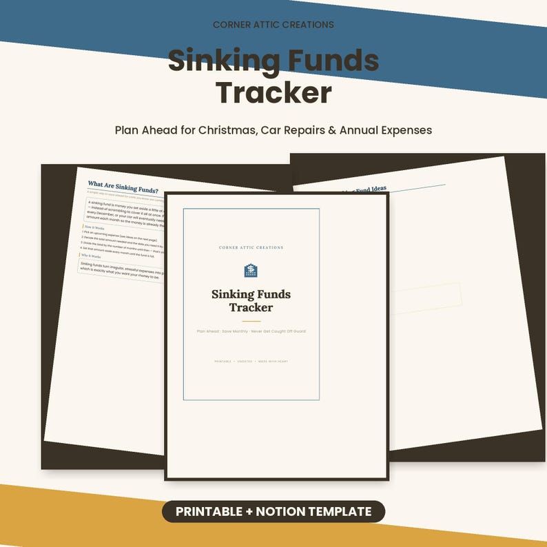 K&ouml;nnte beinhalten: Ein druckbarer Sinking Funds Tracker und Notion-Template von Corner Attic Creations. Das Dokument enth&auml;lt eine Titelseite mit einem blauen Geb&auml;ude-Symbol, erkl&auml;renden Text zu R&uuml;cklagen und einen Bereich f&uuml;r Ideen zur Ausgabenplanung.