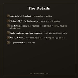 K&ouml;nnte beinhalten: Eine Grafik mit dunklem Hintergrund mit dem Titel The Details, die folgende Funktionen auflistet: Sofortiger digitaler Download, druckbares PDF und Notion-Vorlage, kostenloses Notion-Konto erforderlich, funktioniert auf Telefon, Tablet oder Computer, One-Tap Notion Access Card, f&uuml;r den pers&ouml;nlichen oder h&auml;uslichen Gebrauch.