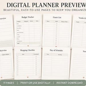 May include: A digital planner preview featuring eight white pages with black text and light grey headers. The pages include Shower Overview, Budget Tracker, Guest List, Vendor & Supplier List, Games & Activities, Shopping Checklist, Day-of Schedule, and Notes.
