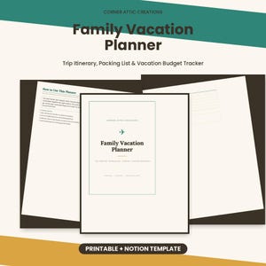 Pode incluir: Um planejador de f&eacute;rias em fam&iacute;lia imprim&iacute;vel e modelo Notion com uma capa com &iacute;cone de avi&atilde;o, uma p&aacute;gina de instru&ccedil;&otilde;es e uma p&aacute;gina pautada. O texto inclui Corner Attic Creations, Family Vacation Planner, Trip Itinerary, Packing List e Vacation Budget Tracker.
