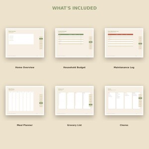 Op de afbeelding: Een digitale planner-set met zes sjablonen onder de titel WHAT'S INCLUDED: Home Overview, Household Budget, Maintenance Log, Meal Planner, Grocery List en Chores. Elk sjabloon heeft een lichtbeige achtergrond, witte invoervelden en een verticaal navigatiemenu aan de rechterkant met groene en beige accenten.
