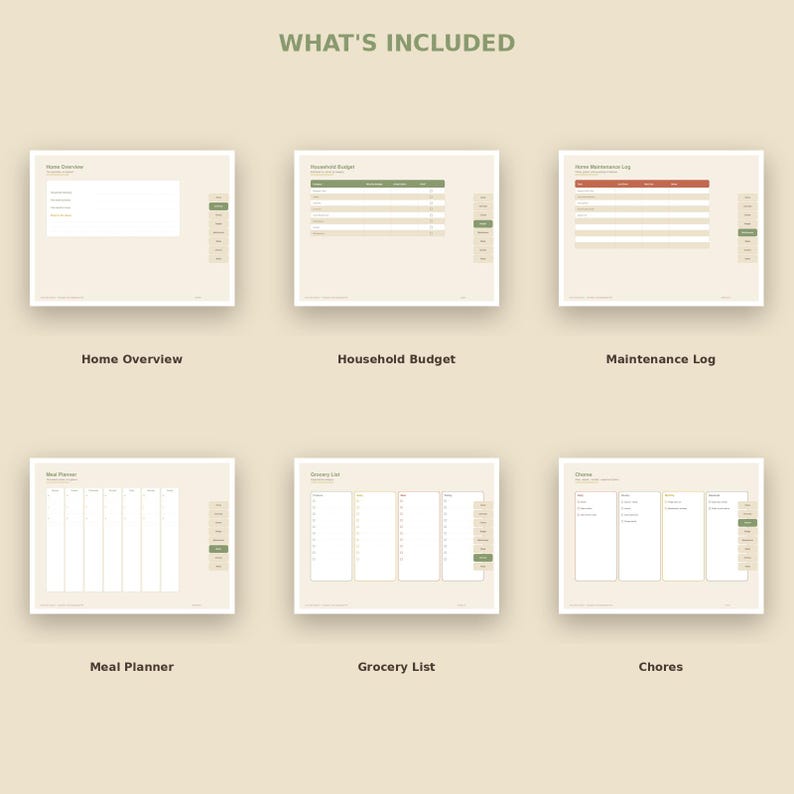 Op de afbeelding: Een digitale planner-set met zes sjablonen onder de titel WHAT'S INCLUDED: Home Overview, Household Budget, Maintenance Log, Meal Planner, Grocery List en Chores. Elk sjabloon heeft een lichtbeige achtergrond, witte invoervelden en een verticaal navigatiemenu aan de rechterkant met groene en beige accenten.