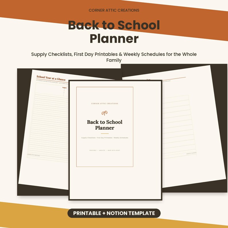 Op de afbeelding: Een digitale Back to School Planner met een voorpagina met de tekst Corner Attic Creations, Back to School Planner, Supply Checklists, First Day Printables, Weekly Schedules, Printable, Notion Template en diverse pagina's voor de inhoud.