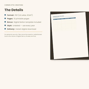 K&ouml;nnte beinhalten: Eine digitale Planerseite mit dem Titel Sinking Funds Overview und einer Tabelle zur Verfolgung von Finanzdaten. Der Text enth&auml;lt Details wie ein PDF-Format von 21,59x27,94 cm, 10 druckbare Seiten, eine digitale Notion-Vorlage und ein undatiertes Layout.