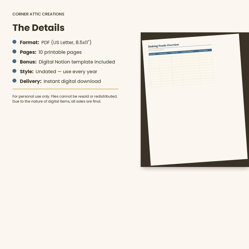 K&ouml;nnte beinhalten: Eine digitale Planerseite mit dem Titel Sinking Funds Overview und einer Tabelle zur Verfolgung von Finanzdaten. Der Text enth&auml;lt Details wie ein PDF-Format von 21,59x27,94 cm, 10 druckbare Seiten, eine digitale Notion-Vorlage und ein undatiertes Layout.