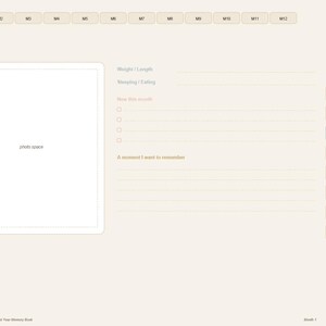 May include: A digital baby memory book page template with a light cream background. The layout features a large square photo space, fields for weight, length, sleeping, and eating, a checklist for monthly milestones, and a section for a moment to remember.