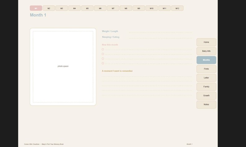 May include: A digital baby memory book page template with a light cream background. The layout features a large square photo space, fields for weight, length, sleeping, and eating, a checklist for monthly milestones, and a section for a moment to remember.