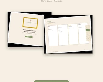 Centro de gestión del hogar Homestead / Planificador digital + Plantilla Notion, tabla de tareas, seguimiento de presupuesto, planificador de comidas (descarga instantánea)
