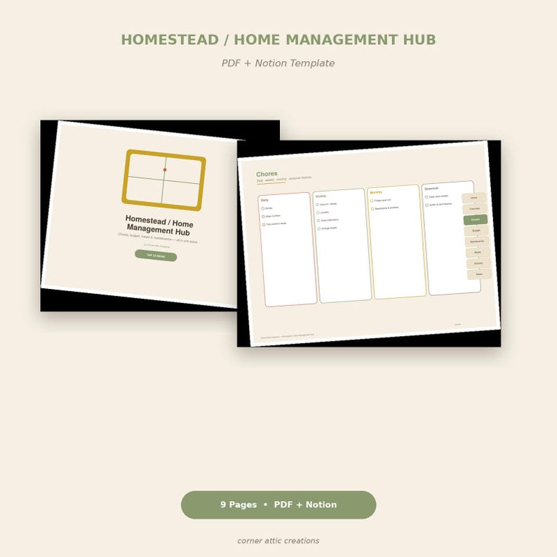 Op de afbeelding: Een digitaal sjabloon voor huishoudbeheer met een dashboard voorzien van een goud omrand icoon en een takenpagina met kolommen voor dagelijkse, wekelijkse, maandelijkse en seizoensgebonden taken, inclusief een zijbalkmenu.