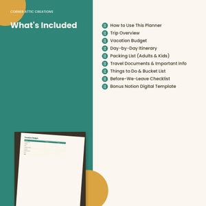 Pode incluir: Uma folha de informa&ccedil;&otilde;es de planejador digital intitulada What's Included da Corner Attic Creations. Lista se&ccedil;&otilde;es como Trip Overview, Vacation Budget, Itinerary, Packing List e um Bonus Notion Digital Template, com uma pr&eacute;via de uma p&aacute;gina de or&ccedil;amento.