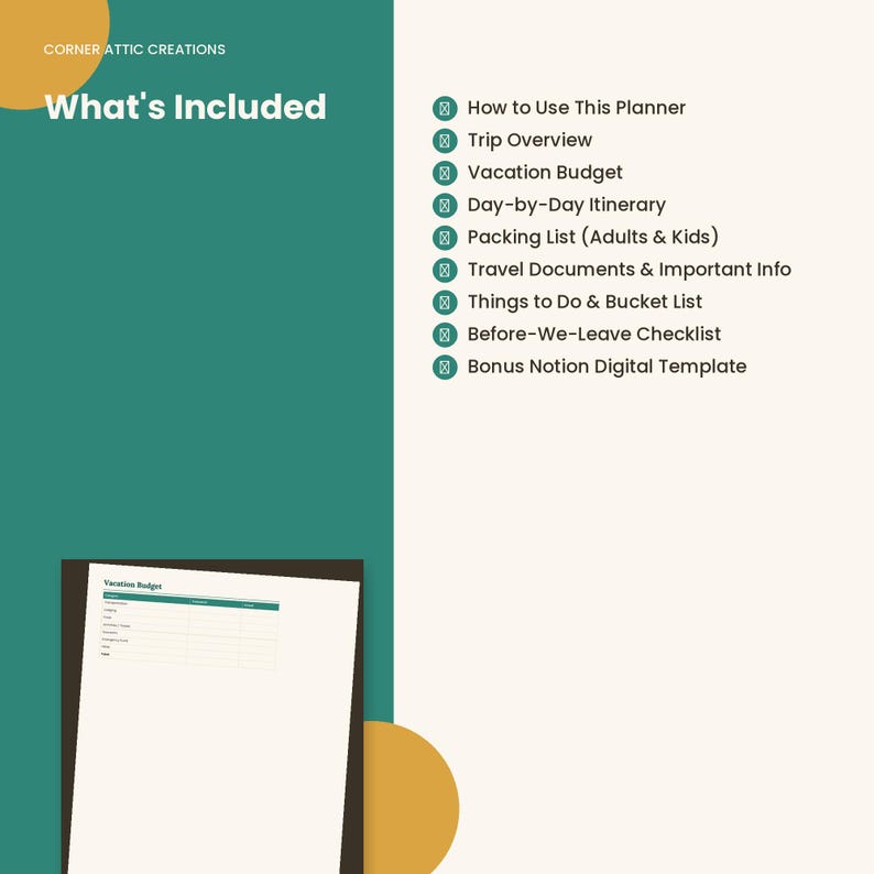 Pode incluir: Uma folha de informa&ccedil;&otilde;es de planejador digital intitulada What's Included da Corner Attic Creations. Lista se&ccedil;&otilde;es como Trip Overview, Vacation Budget, Itinerary, Packing List e um Bonus Notion Digital Template, com uma pr&eacute;via de uma p&aacute;gina de or&ccedil;amento.