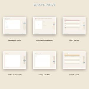 May include: A digital planner layout titled WHAT'S INSIDE featuring six distinct pages: Baby's Information, Monthly Memory Pages, Firsts Tracker, Letter to Your Child, Family & Visitors, and Growth Chart. Each page has a light beige background.