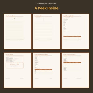 Op de afbeelding: Zes digitale plannerpagina's met een cr&egrave;mekleurige achtergrond en bruine tekst. De pagina's zijn getiteld School Year at a Glance, Monthly Calendar, Supply Shopping Checklist, First Day of School, Weekly Schedule and Routine Builder en Teacher and School Contact Sheet.