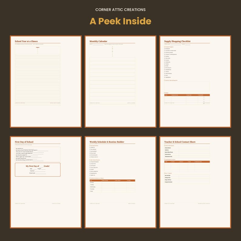 Op de afbeelding: Zes digitale plannerpagina's met een cr&egrave;mekleurige achtergrond en bruine tekst. De pagina's zijn getiteld School Year at a Glance, Monthly Calendar, Supply Shopping Checklist, First Day of School, Weekly Schedule and Routine Builder en Teacher and School Contact Sheet.