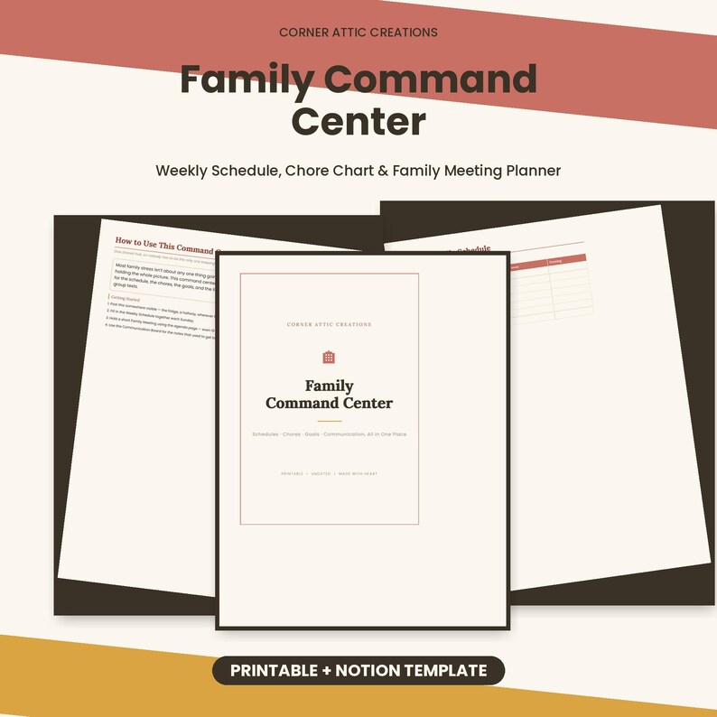 K&ouml;nnte beinhalten: Eine digitale druckbare Vorlage und Notion-Vorlage mit dem Titel Family Command Center von Corner Attic Creations. Das Dokument enth&auml;lt einen Wochenplan, eine Aufgabenliste, einen Familien-Meeting-Planer und eine Anleitung.