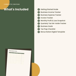Peut inclure: Un mod&egrave;le de planificateur d'entreprise num&eacute;rique listant les &eacute;l&eacute;ments inclus : Getting Started Guide, Business Income Tracker, Business Expense Tracker, Invoice Tracker, Monthly Profit & Loss Snapshot, Quarterly Tax Set-Aside Tracker, Business Goals, Tax Prep Checklist et un Bonus Notion Digital Template.