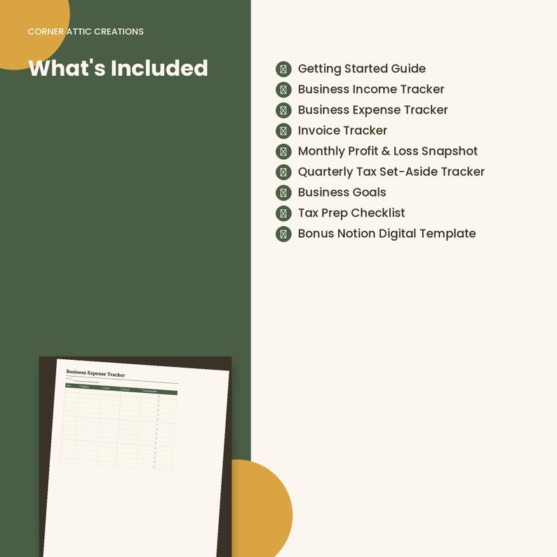 Peut inclure: Un mod&egrave;le de planificateur d'entreprise num&eacute;rique listant les &eacute;l&eacute;ments inclus : Getting Started Guide, Business Income Tracker, Business Expense Tracker, Invoice Tracker, Monthly Profit & Loss Snapshot, Quarterly Tax Set-Aside Tracker, Business Goals, Tax Prep Checklist et un Bonus Notion Digital Template.