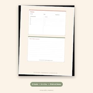 Puede incluir: Una plantilla de tarjeta de receta imprimible sobre un fondo crema con dos secciones rectangulares. La secci&oacute;n superior incluye campos para Recipe, Serves, Prep, Bake/Cook, Ingredients y Steps. La secci&oacute;n inferior tiene l&iacute;neas para Notes/Where I found this y el texto Corner Attic Creations keepsake card.