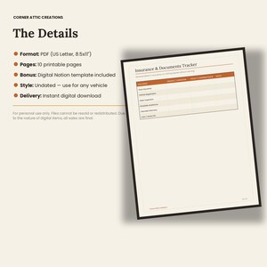 Op de afbeelding: Een digitaal sjabloon voor het bijhouden van verzekeringen en documenten van Corner Attic Creations. Het document bevat een tabel met kolommen voor documenttype, verlengings- of vervaldatum, polis- of bevestigingsnummer en notities.