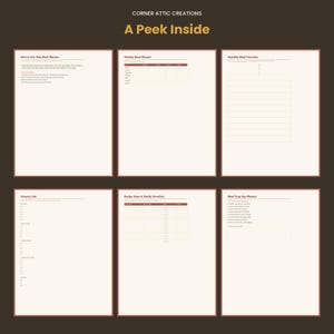 May include: Six pages of a meal planner with cream-colored paper and dark red borders. The pages feature headers including How to Use This Meal Planner, Weekly Meal Planner, Monthly Meal Overview, Grocery List, Recipe Ideas, and Meal Prep Day Planner.