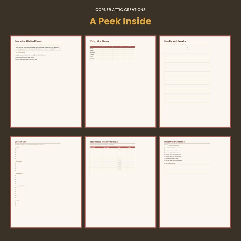 May include: Six pages of a meal planner with cream-colored paper and dark red borders. The pages feature headers including How to Use This Meal Planner, Weekly Meal Planner, Monthly Meal Overview, Grocery List, Recipe Ideas, and Meal Prep Day Planner.