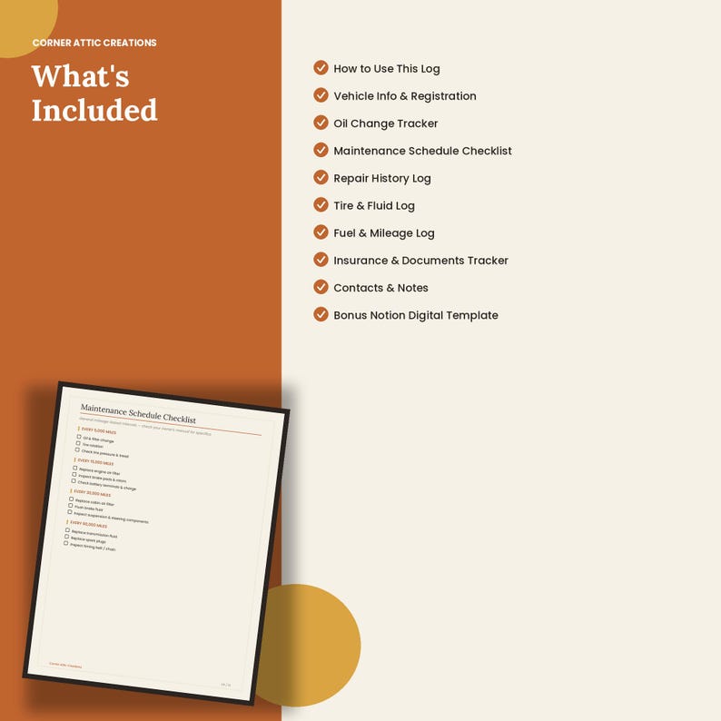 Op de afbeelding: Een digitaal voertuigonderhoudslogboek-sjabloon met een lijst van inbegrepen secties: How to Use This Log, Vehicle Info & Registration, Oil Change Tracker, Maintenance Schedule Checklist, Repair History Log, Tire & Fluid Log, Fuel & Mileage Log, Insurance & Documents Tracker, Contacts & Notes en een Bonus Notion Digital Template.