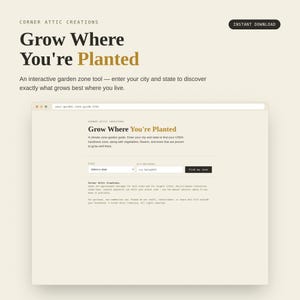 May include: A digital interactive garden zone tool titled Grow Where You're Planted by Corner Attic Creations. The interface features a state selection dropdown, a city input field, and a Find my zone button to identify USDA hardiness zones.