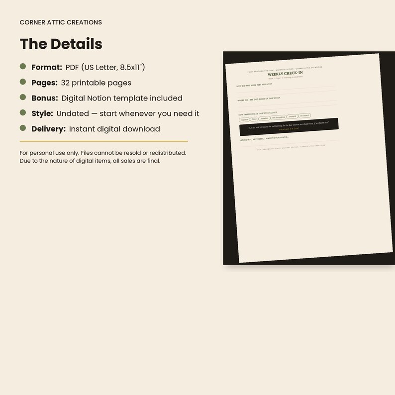 May include: A digital planner page titled Weekly Check-In with fields for reflection and goal setting. The text lists details including a 32-page PDF format in 8.5x11 inches, a Notion template bonus, and an undated layout for flexible use.