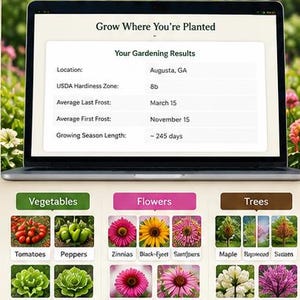 May include: A laptop screen displays personalized gardening results for Augusta, GA, including USDA Hardiness Zone 8b, frost dates, and growing season length. Below, categorized grids show images of vegetables, flowers, and trees with labels.