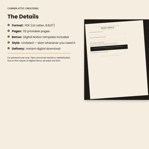 May include: A digital planner product listing titled Corner Attic Creations The Details, featuring a PDF format of 8.5x11 inches, 112 printable pages, a Notion template bonus, and an undated layout shown on a sample weekly check-in page.