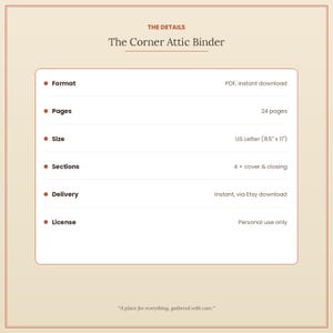 Puede incluir: La p&aacute;gina de detalles The Corner Attic Binder enumera formato PDF, 24 p&aacute;ginas, tama&ntilde;o US Letter de 8,5 por 11 pulgadas, 4 secciones m&aacute;s portada y cierre, entrega instant&aacute;nea y licencia de uso personal. El texto dice: A place for everything, gathered with care.