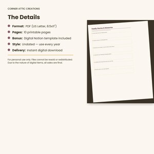 Puede incluir: Un documento PDF digital imprimible titulado Family Stories & Memories con 10 p&aacute;ginas en formato US Letter de 21,59x27,94 cm. La p&aacute;gina presenta una lista de indicaciones numeradas con campos rectangulares en blanco para escribir, de Corner Attic Creations.