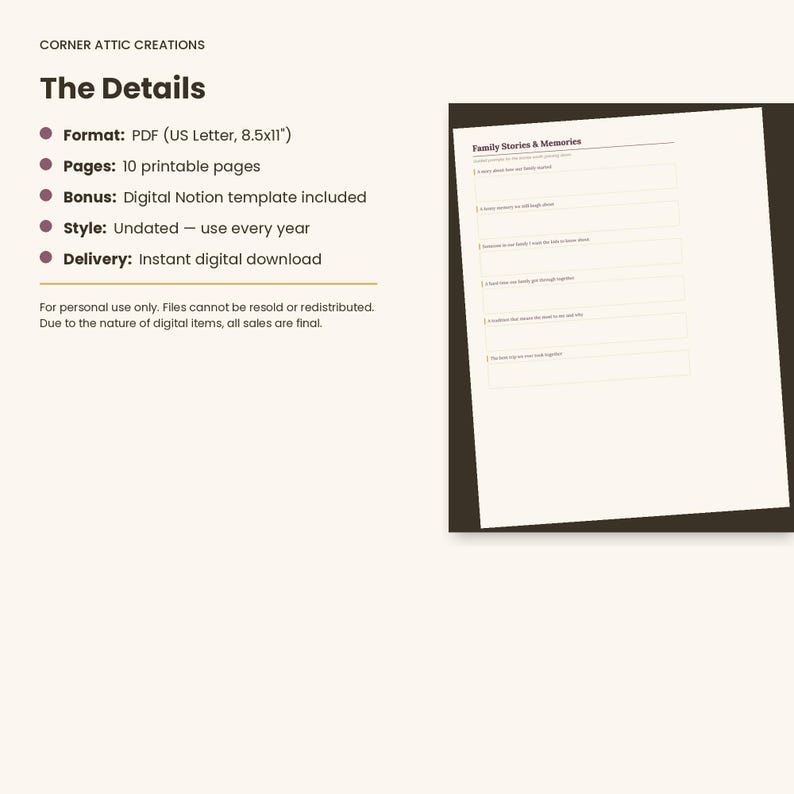 Puede incluir: Un documento PDF digital imprimible titulado Family Stories & Memories con 10 p&aacute;ginas en formato US Letter de 21,59x27,94 cm. La p&aacute;gina presenta una lista de indicaciones numeradas con campos rectangulares en blanco para escribir, de Corner Attic Creations.