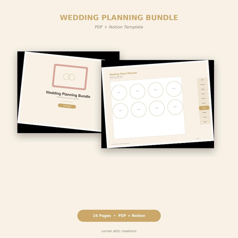 Pu&ograve; includere: Un pacchetto digitale per l'organizzazione di matrimoni con PDF e modello Notion. Il display mostra due schermate: una con il titolo Wedding Planning Bundle e un pianificatore di posti a sedere con otto tavoli circolari. Testo: 16 Pages PDF + Notion.
