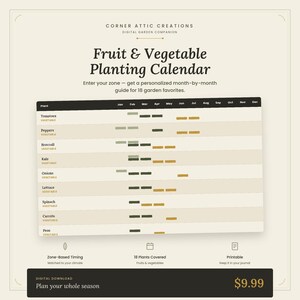 May include: A digital Fruit & Vegetable Planting Calendar by Corner Attic Creations. The chart lists 18 garden favorites with month-by-month planting guides, featuring rows for tomatoes, peppers, broccoli, kale, onions, lettuce, spinach, carrots, and peas.