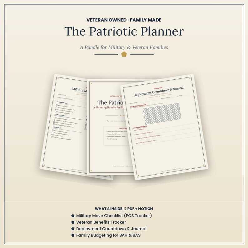 Op de afbeelding: De Patriotic Planner bundel voor militaire en veteranenfamilies, met een verhuischecklist, overzicht van veteranenvoordelen, aftelkalender en dagboek voor uitzendingen, en tools voor gezinsbudgettering in PDF- en Notion-formaat.
