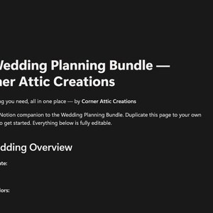 Pu&ograve; includere: Un modello digitale Notion intitolato Wedding Planning Bundle di Corner Attic Creations. La pagina presenta un'icona ad anello, campi di testo per i dettagli del matrimonio tra cui data, luogo, tema, colori, officiante e istruzioni.